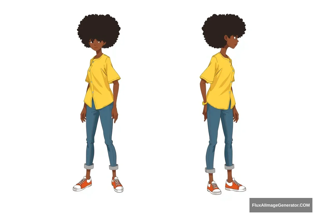 profile character sheet, front and side, girl in yellow shirt with jeans, afro hair covering eyes, - Image