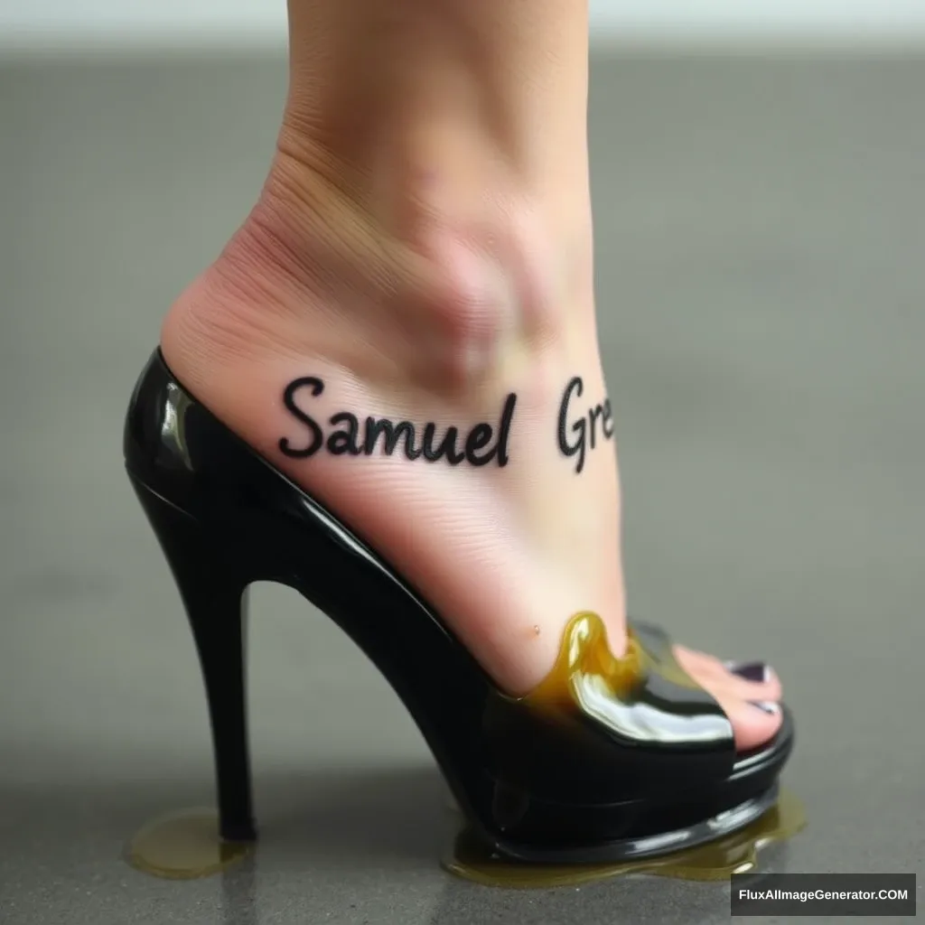 The name "Samuel Greg" on a woman's foot in a black high heel. There is oil all over the foot. - Image