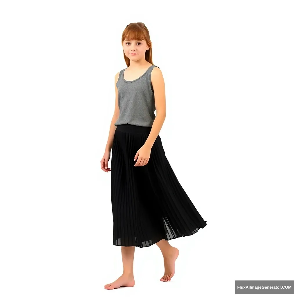 Create a photo of a German girl who is 16 years old, wearing a short black pleated skirt and a gray sleeveless top. She is barefoot. The background is white, with no text. The person is fully visible and facing forward. She is walking towards the viewer.