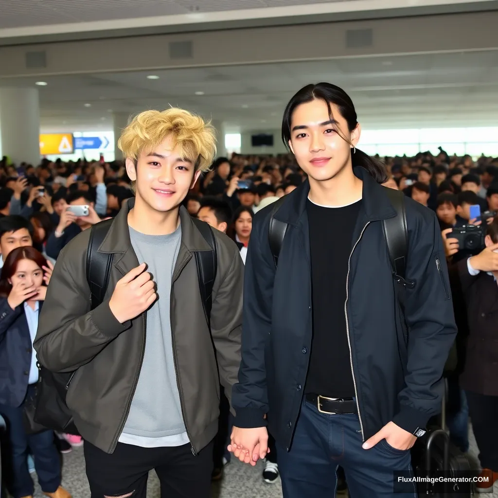 A man with curled, blonde ear-length hair and a man with low pony-tailed ebony hair are holding each other's hands in front of a huge number of fans at the airport. Both are styled like K-pop idols, and the blonde man is taller than the other man.