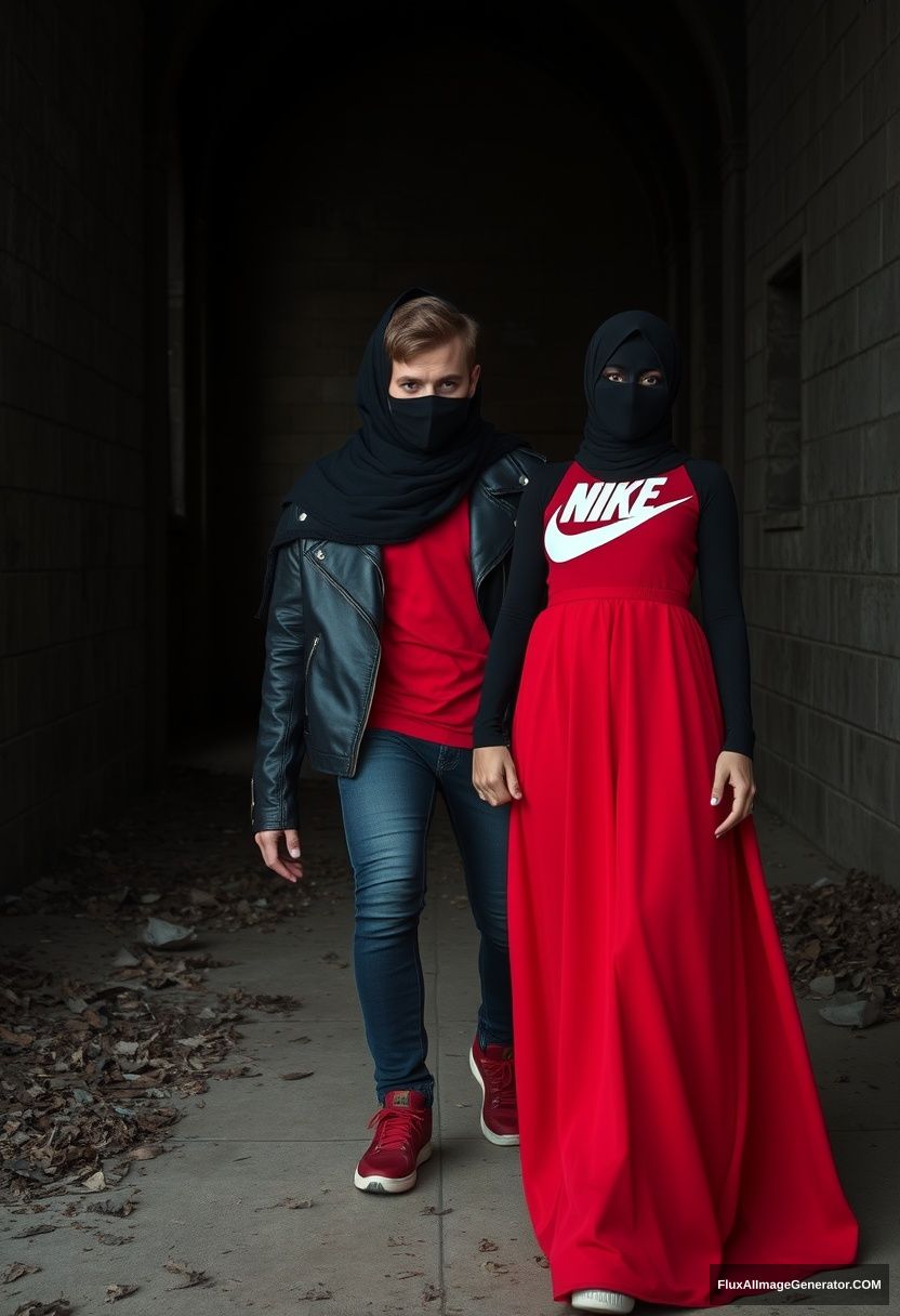 A biggest black hijab girl, beautiful eyes, face mask black, black leather jacket, biggest red longest dress, not tall, walking near him and love, love couple

Jamie Dornan, handsome, youngest, face mask black, fit and tough body, Nike red t-shirt, black leather jacket, jeans, red sneakers, tall man, walking near her, love couple

Hyper realistic, photorealistic, studio photography, explore Victoria's abandoned castle, gloomy.