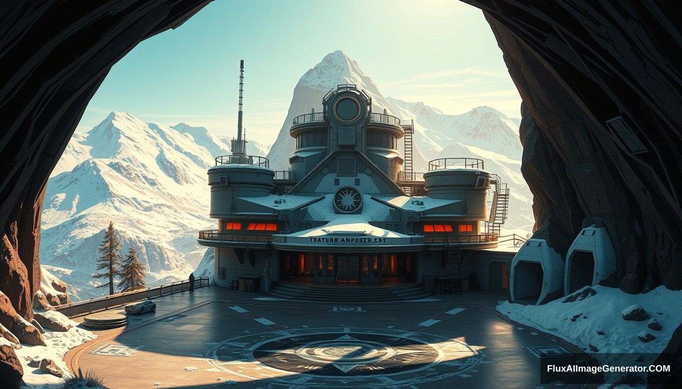 Cel shaded art, wide shot, a sci-fi center on the top of a snowy mountain, open air, close look, cyberpunk, military base, Star Wars style, indoor, patio, morning, sunlight, fortress, mountain, rock, snow, tarmac, parking apron, cave, tree, landing field, cliff, round shape.