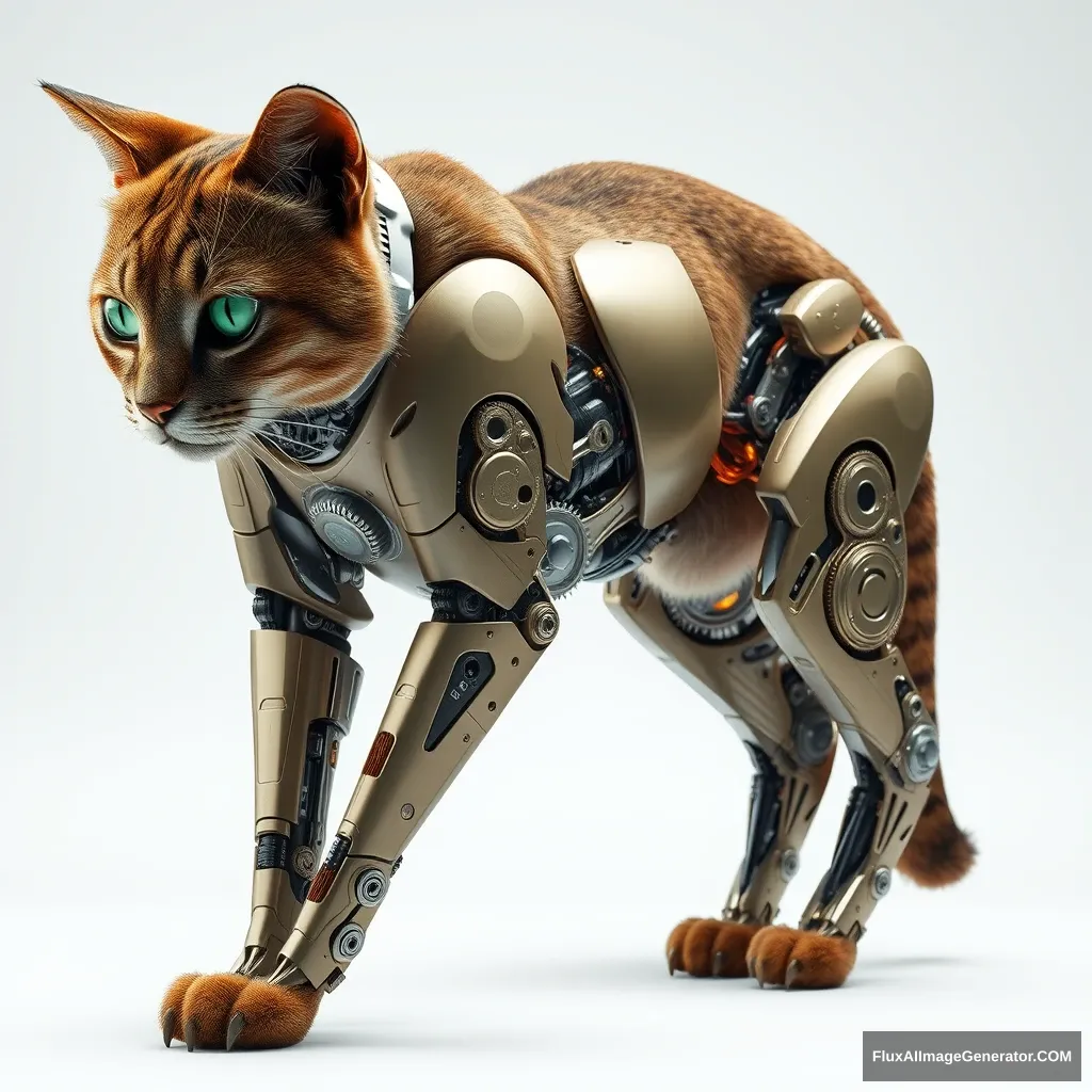 A biomechanical feline, its sleek fur parting to reveal intricate gears and pulsing circuits within its muscular legs. Hyperrealistic rendering captures every metallic glint and synthetic synapse. The cat's eyes, a fusion of organic and digital, reflect a world where nature and technology intertwine seamlessly. - Image