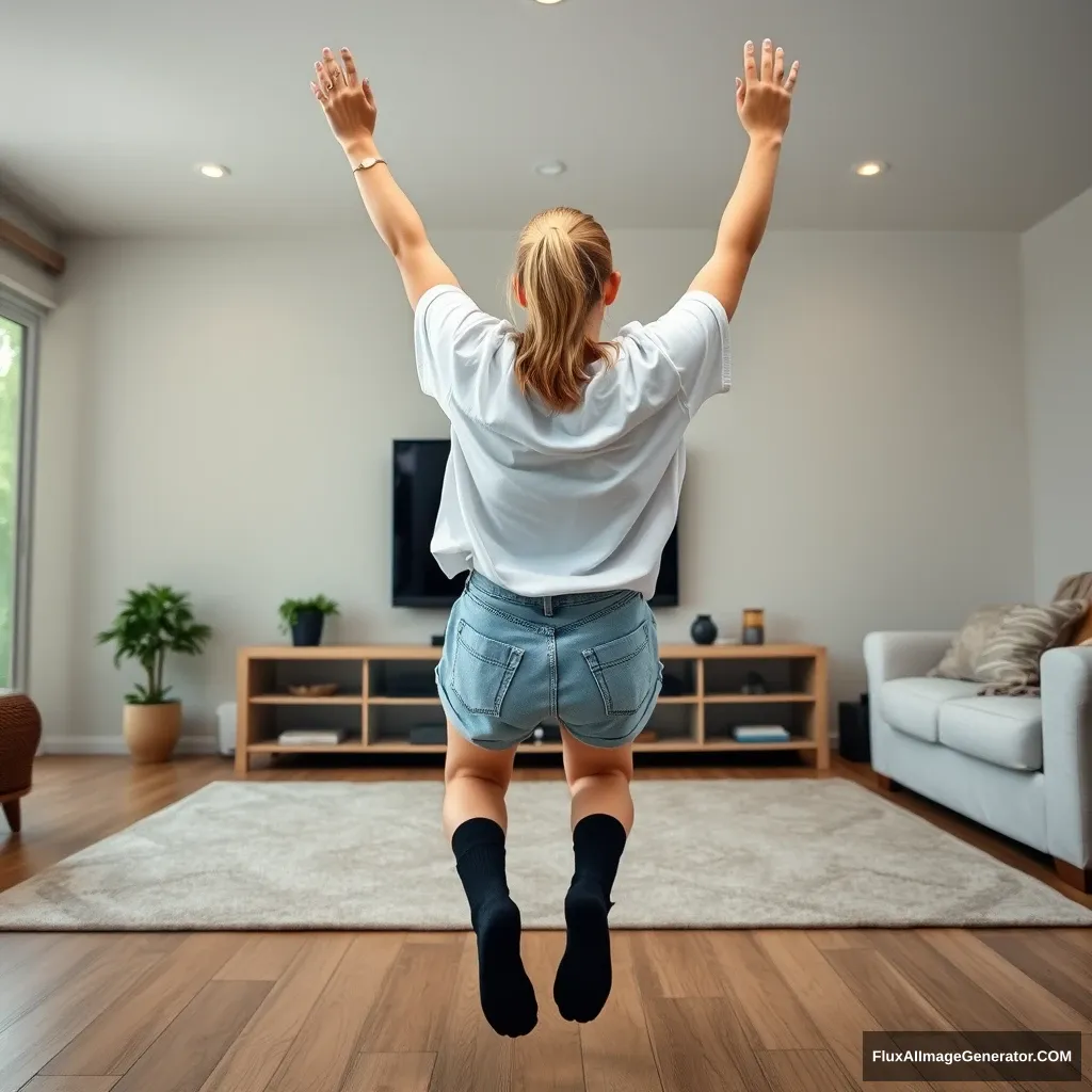 Side view of a skinny blonde woman in her large living room, wearing an extremely oversized white t-shirt that's uneven on one shoulder and oversized light blue denim shorts that aren’t rolled up. She has on ankle-high black socks without shoes. Facing her TV, she dives headfirst with both arms raised below her head, which is looking up, while her legs are in the air at a -60 degree angle. - Image