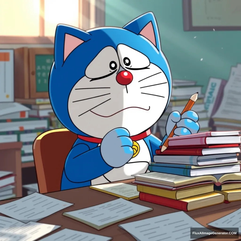 Doraemon, the blue robot cat, sits at a desk piled high with textbooks, his ears drooping in exhaustion. He clutches a pencil in his paw, his face scrunched in concentration. His usual cheerful expression is replaced with a look of pure frustration. The room is filled with scattered papers and open books. A single, lonely ray of sunlight peeks through the window, highlighting the dust motes dancing in the air.