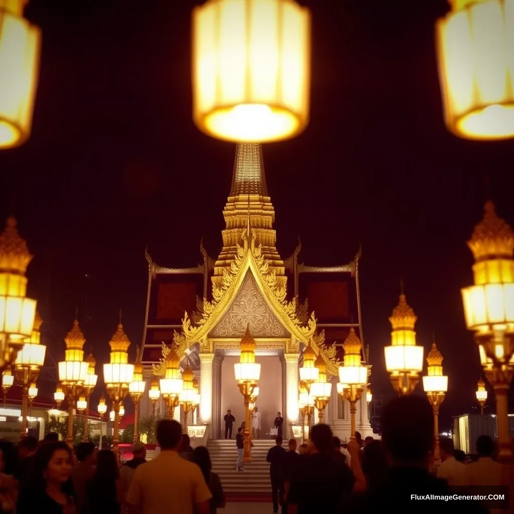 "Bangkok, temple, at night, lamps flash."