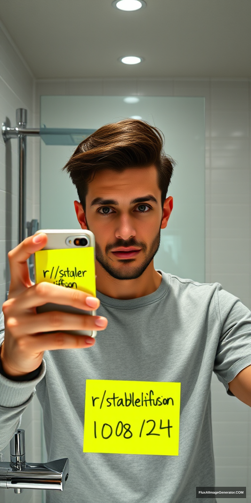 Man in sleek modern bathroom, capturing mirror selfie with smartphone. Holds neon yellow post-it note reading "r/stablediffusion" "10/08/24". Hyper-realistic style: razor-sharp details, lifelike textures. Gleaming chrome fixtures, soft ambient lighting. Expression of mild curiosity. Millennial aesthetic, tech-savvy atmosphere.