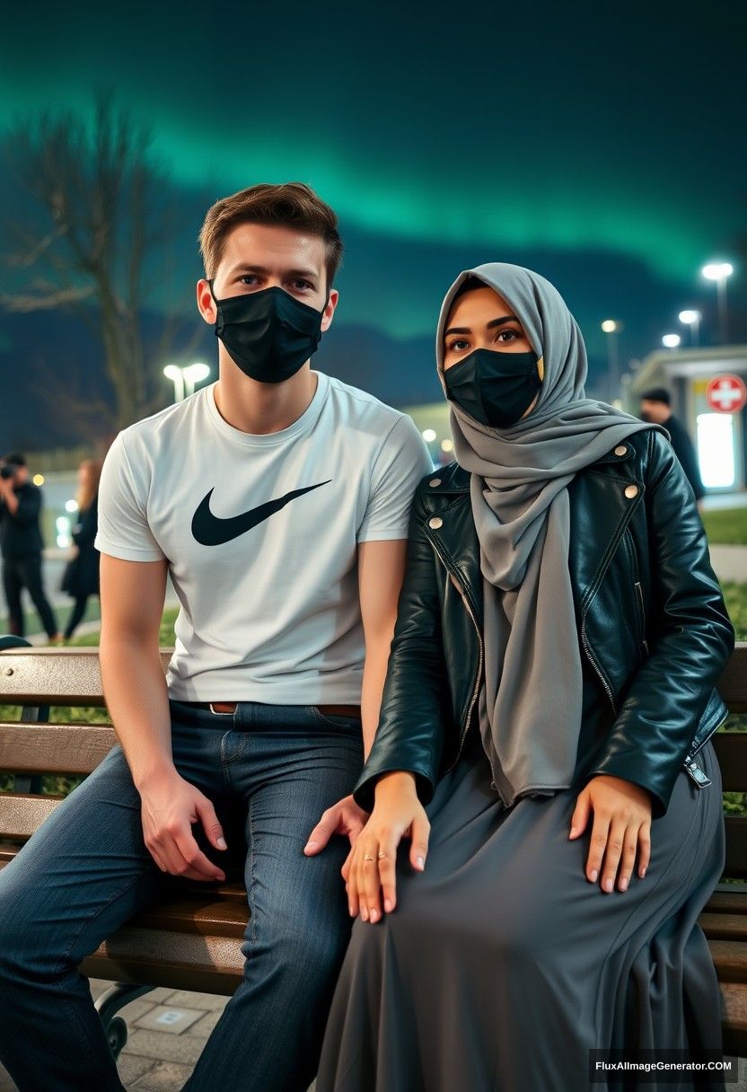 Jamie Dornan, tall, young, wearing a black face mask, a white Nike T-shirt, and jeans, is dating a beautiful Muslim girl in a grey hijab with beautiful eyes, wearing a black face mask, a leather jacket, and a very long, large skirt; she's not tall. They are sitting together on a park bench in town, with strangers in the background, in a photorealistic style, street photography, selfie photos, at night under the aurora borealis. - Image