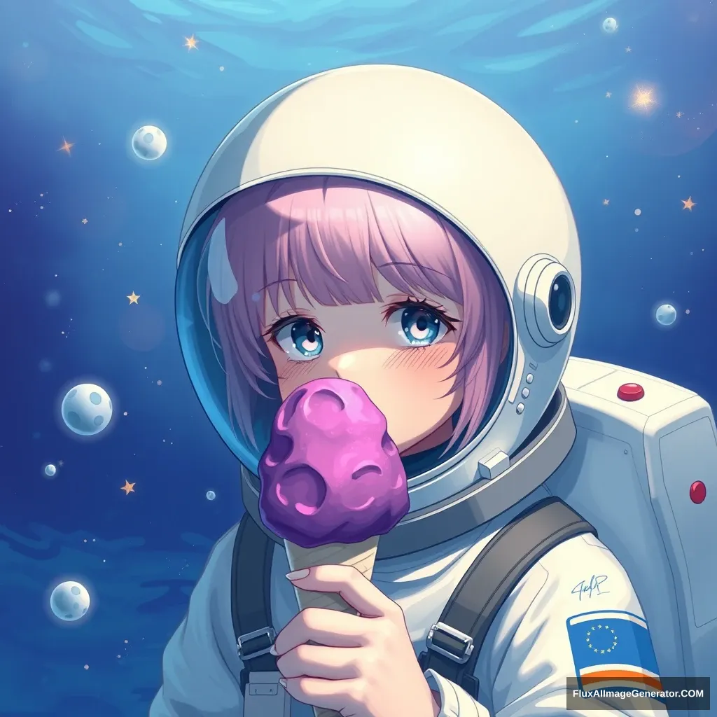 1 girl, astronaut, purple ice cream, photorealistic, in the ocean - Image