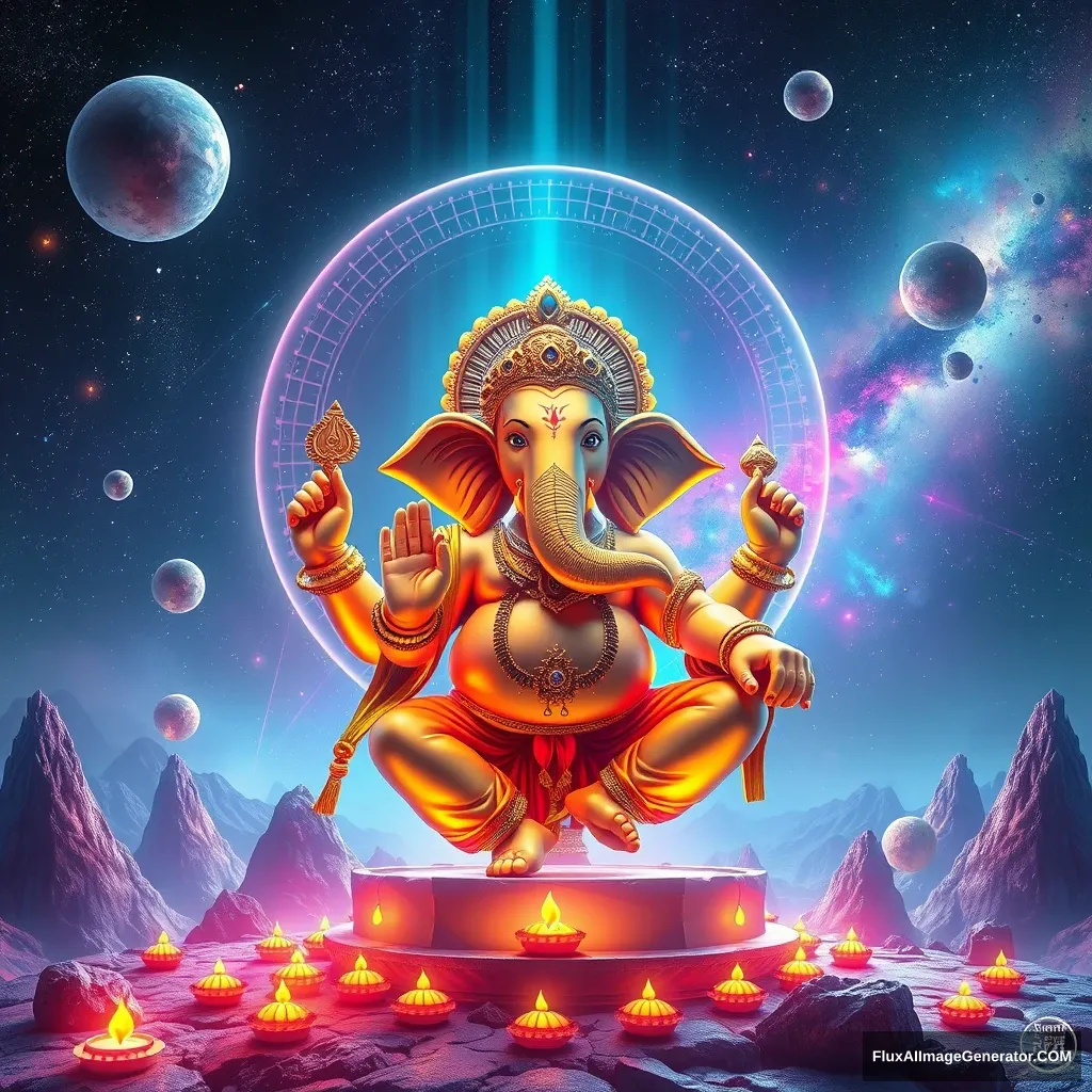 Create an out-of-this-world, futuristic depiction of the Ganesha festival. Imagine Lord Ganesha in a surreal cosmic setting, surrounded by floating galaxies, neon lights, and otherworldly landscapes. Use holographic and iridescent colors to highlight Ganesha’s form, blending traditional symbols like the elephant head and modaks with futuristic elements such as digital patterns and sci-fi motifs. Incorporate ethereal light beams, celestial bodies, and a sense of weightlessness to convey a cosmic celebration. The image should evoke a sense of awe and wonder, blending spiritual reverence with futuristic imagination.