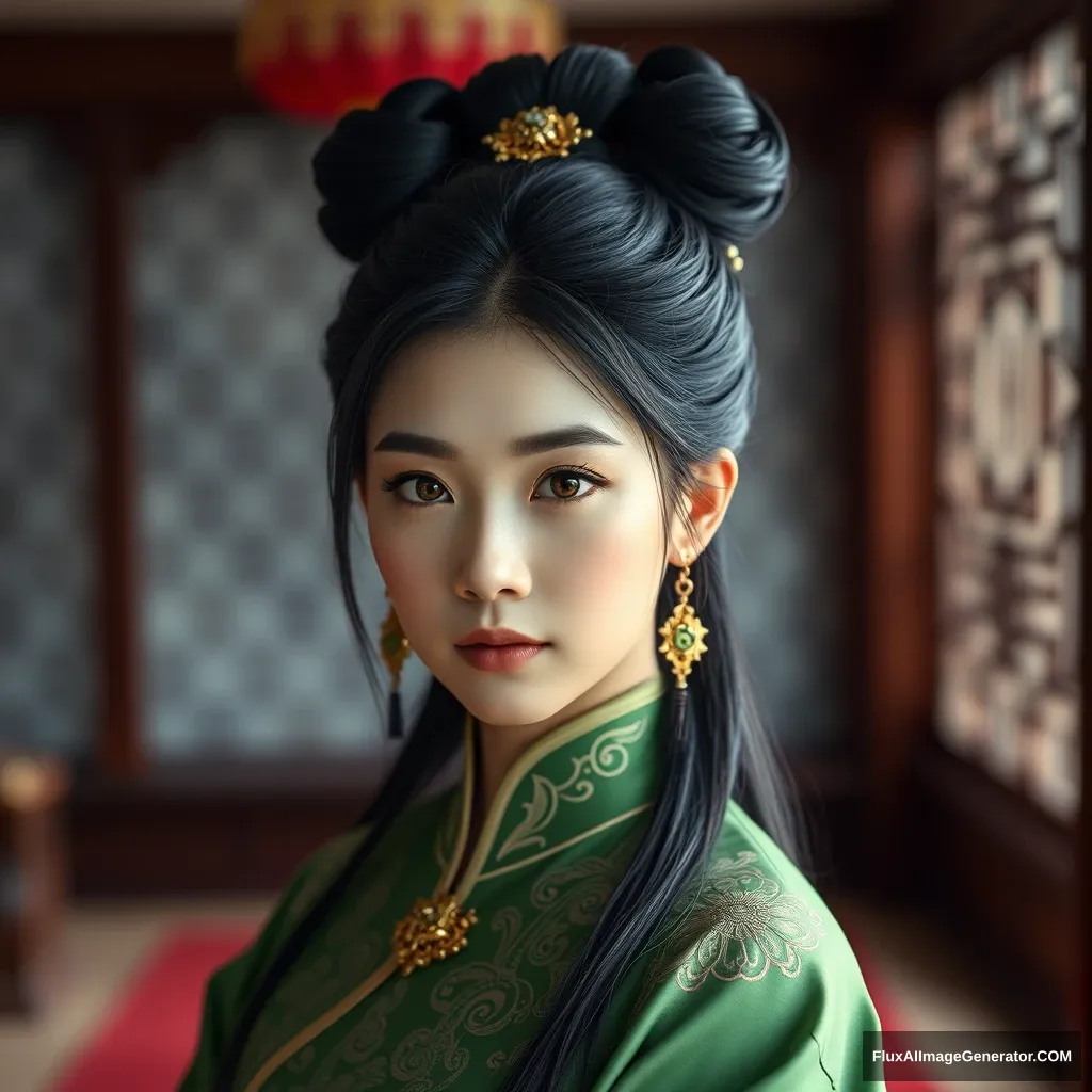 QIEMANCN, (masterpiece, high quality, best quality:1.5), photography of a beautiful girl wearing a green costume, (Chinese clothes, hanfu), black hair, triple bun, looking at viewer, full body, gold jewelry, in a room, (perfect eyes, beautiful face and black eyes:1.3, natural skin), depth of field, (details:1.1), photorealistic, ultra realistic, 32k, RAW photo, (high detailed skin:1.2), 8k UHD, DSLR, soft lighting, high quality, film grain <lora:lora-of-chinese-clothes-tangtynastystyle-sdxl:0.8>