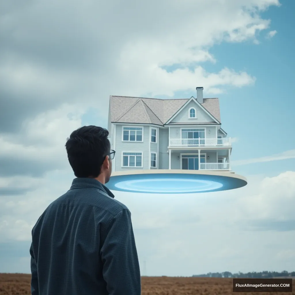 A man watching a large home that is levitating on a hover pad.