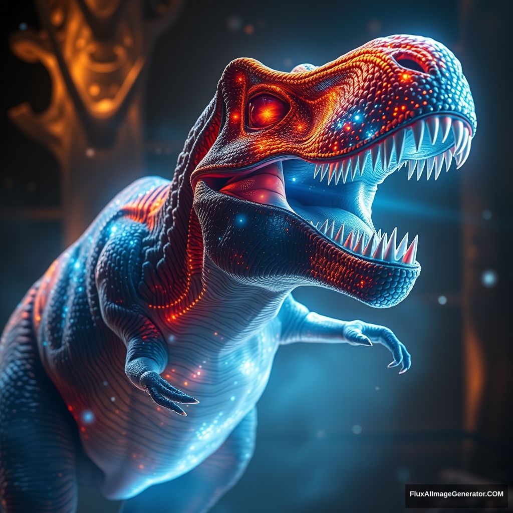 A highly detailed, ultra-high-resolution image of a mighty Dinosaur T-rex, glowing with a magical, ethereal aura. The image focuses on the intricate details of the T-rex, showing every fiber of its being illuminated by an otherworldly light. The environment around the T-rex is rendered with a dimensional illusion, giving a sense of warmth and immersion. The visual style should be photorealistic, capturing the essence of the creature's splendor with an emphasis on hyperrealistic textures and lighting, creating a mesmerizing and enchanting scene. - Image