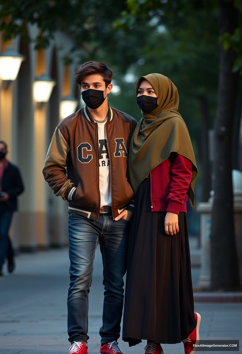 Jamie Dornan, young, black face mask, capital A collage jacket, jeans, red sneakers, dating romantically with a beautiful Muslim girl wearing the biggest army green hijab, beautiful eyes, black face mask, college jacket, the longest skirt, red high sneakers, not tall girl, photorealistic realism, street photography, full photography. - Image