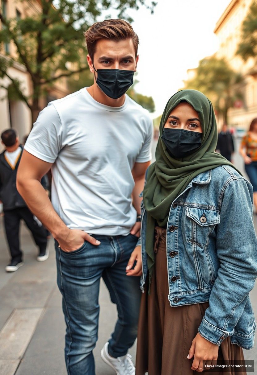 Jamie Dornan, handsome, black face mask, white T-shirt, jeans, sneakers, dating, love, romantic with a Muslim girl in army green hijab, beautiful eyes, black face mask, denim jacket, longest skirt, not tall girl, photorealistic, street photography, full photography, selfie photos.