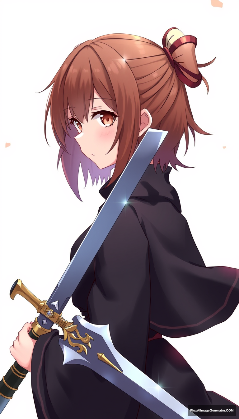 Anime girl with a unique sword. Brown hair, dark blue clothing. Holding it correctly. - Image