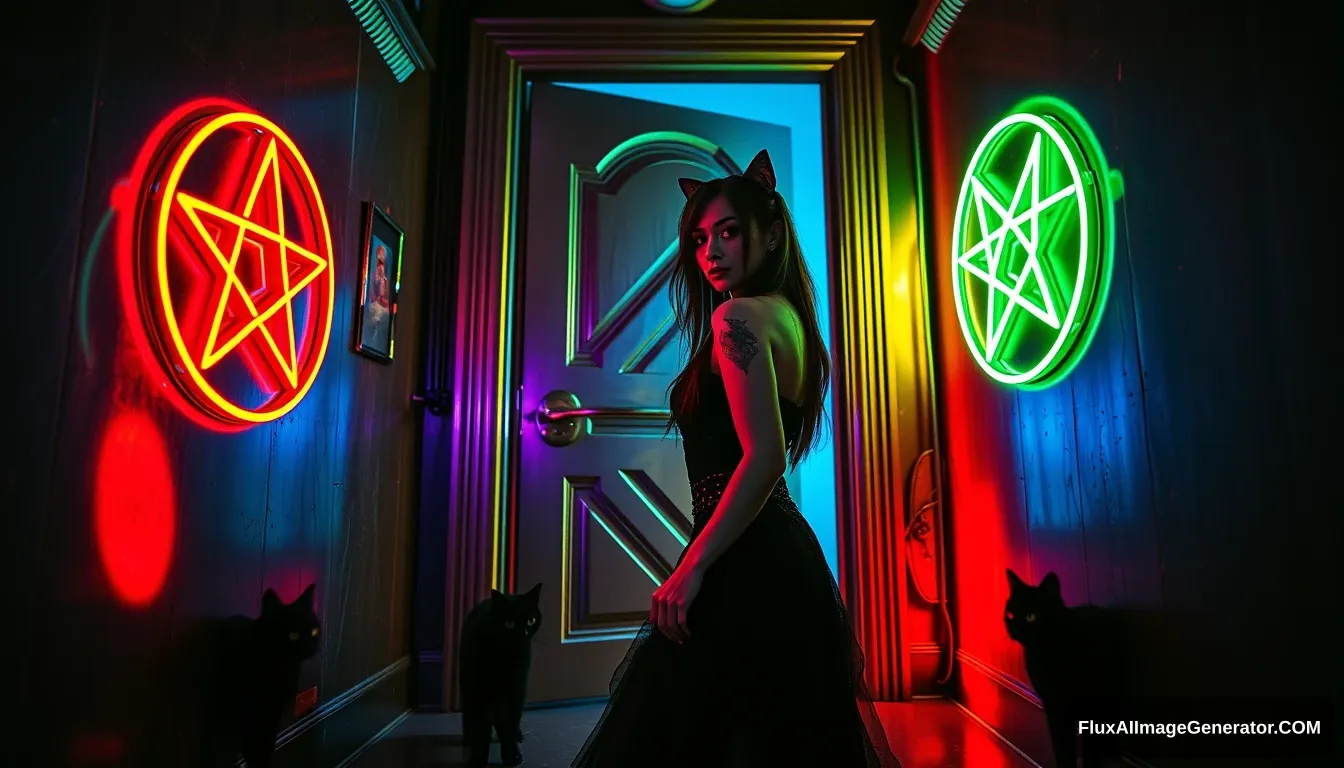 Portrait of a beautiful goth woman stepping through a glowing door into a dimly lit cyberpunk room with vibrant neon hues reflecting off metallic surfaces, neon pentagrams on the walls, a black cat lurking. - Image