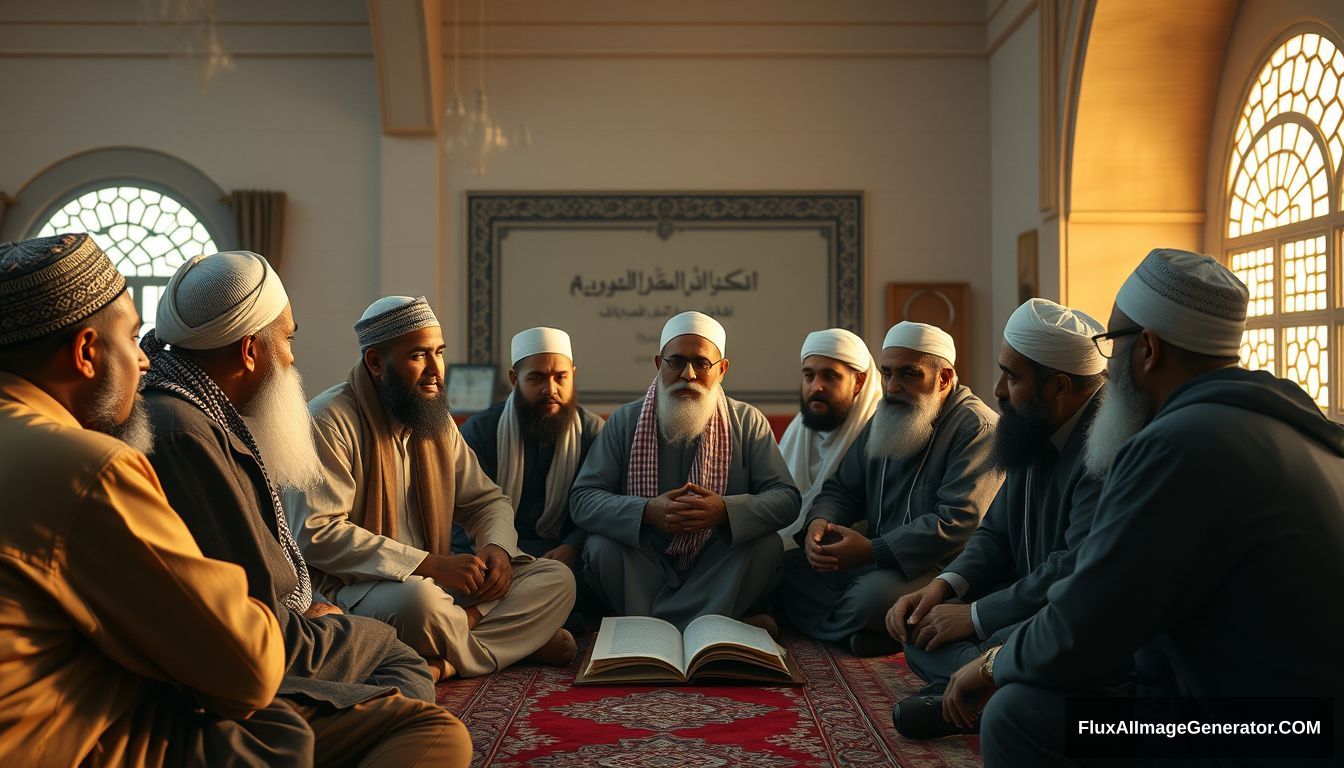 A group of Muslims discussing in an Ultra HD, realistic, educational setting, with warm and cinematic lighting.