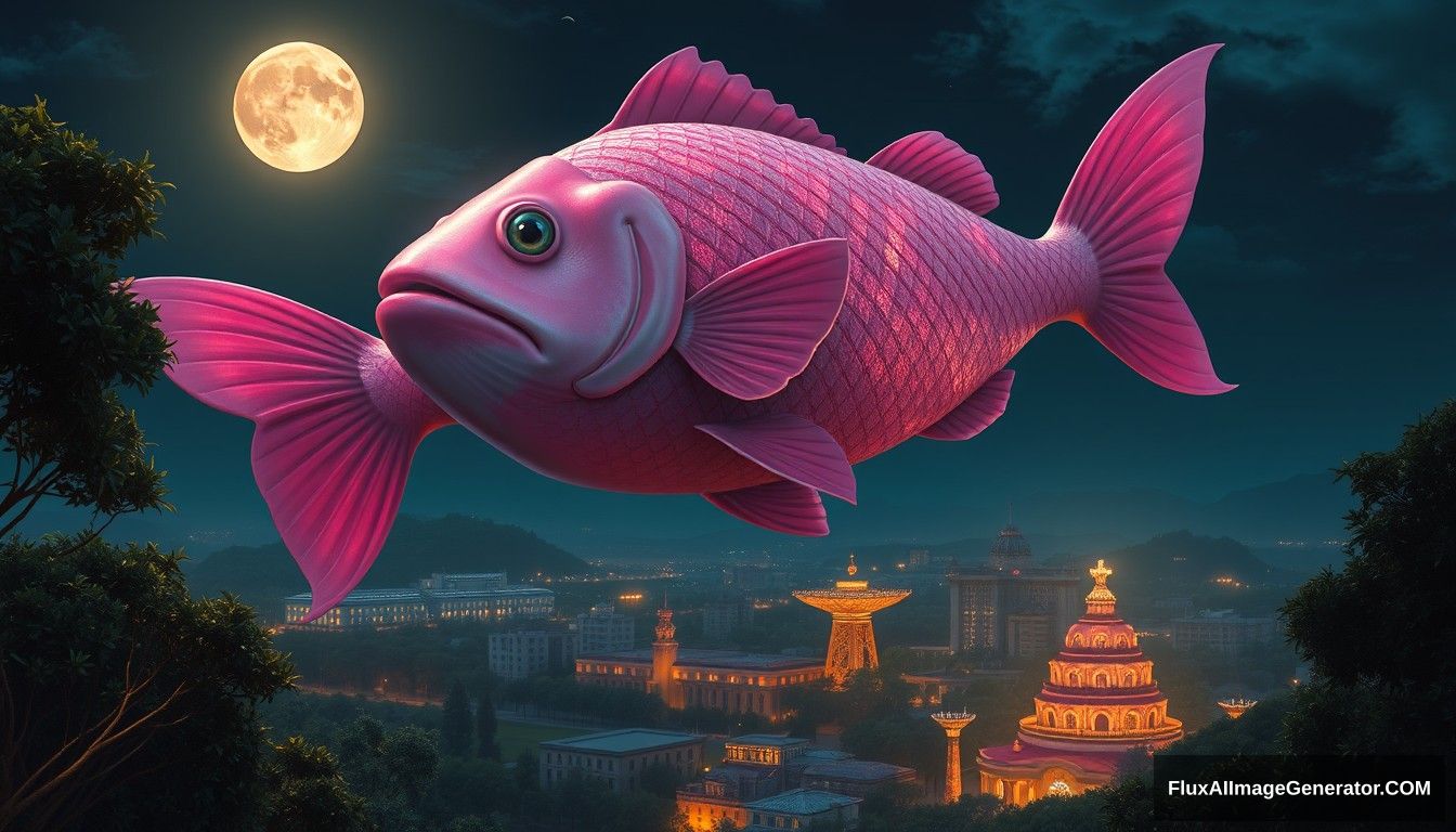 1. **Main Character**: The main character is an enormous, surreal pink fish, its body glistening under the moonlight. Its features are exaggerated, with large, expressive eyes and finely detailed scales that shimmer in various shades of pink and white. The fish’s face exhibits a serene yet curious expression, adding to its whimsical nature.

2. **Action**: The fish hovers above a lush landscape, seemingly floating in the night sky. Its mouth is slightly open, as if it’s about to speak or sing, while its fins are gracefully extended. The angle of its body suggests both majesty and a gentle presence, as it gazes down toward the city below.

3. **Attire**: While the fish doesn’t wear clothing, its natural coloration serves as its attire. The vibrant pink contrasts beautifully with the surrounding dark greens of the trees and the deep blue of the night sky, creating an eye-catching visual narrative.

4. **Surroundings**: Below the fish lies a bustling city illuminated by warm, golden lights. The buildings are varied in height and design, with some resembling traditional architecture. Small boats are docked along the waterfront, their silhouettes adding depth to the scene. Lush trees surround the city, framing the landscape and enhancing the dreamlike quality.

5. **Background**: The background features a starry night sky, with a full moon casting a soft glow across the scene. The trees create a dense canopy, their deep greens contrasting with the illuminated cityscape below. This creates a harmonious blend of nature and urban life, enveloped in twilight.

6. **Art Style**: The art style is fantastical and hyper-realistic, employing vibrant colors and intricate details. The smooth textures of the fish and the bright, warm tones of the city lights evoke a sense of wonder, while the blend of realism and fantasy draws the viewer into a dreamlike world.

7. **Ambience**: The ambience is magical and serene, filled with a sense of wonder and tranquility. The gentle glow of the city lights against the dark backdrop creates a cozy atmosphere, inviting contemplation. The scene feels alive with possibility, merging nature and the surreal in a harmonious tableau. - Image