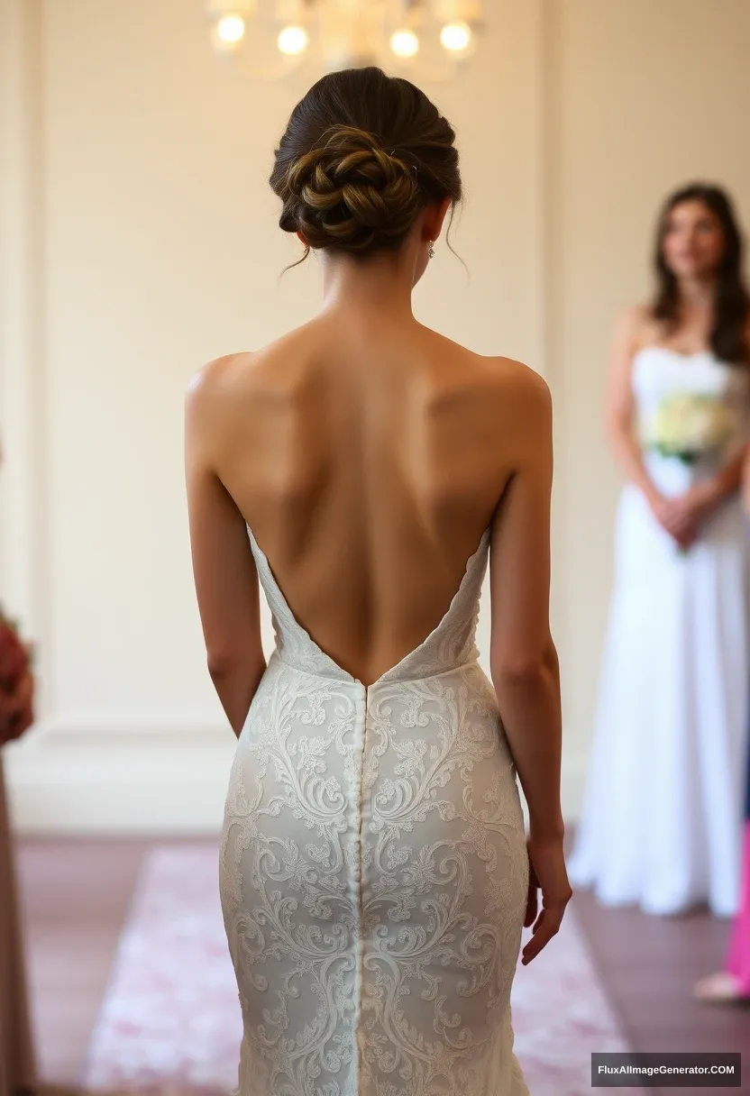 A short young woman, sensitive, delicate, ashamed, wearing a backless strapless side-less low-waisted open-back contouring wedding dress that seems like it's going to fall any moment, in front of patriarchy, expectations.