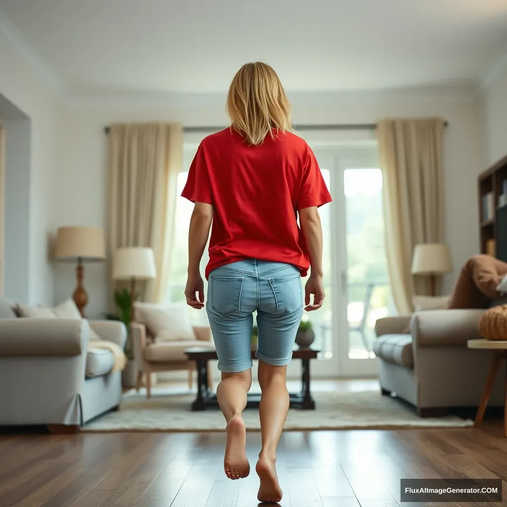 Front view of a slender blonde woman in her large living room, wearing an oversized red polo shirt that hangs unevenly on one shoulder, and knee-length light blue denim shorts. She is barefoot, facing the camera as she gets off her chair and runs towards it with her arms straight down at her sides.