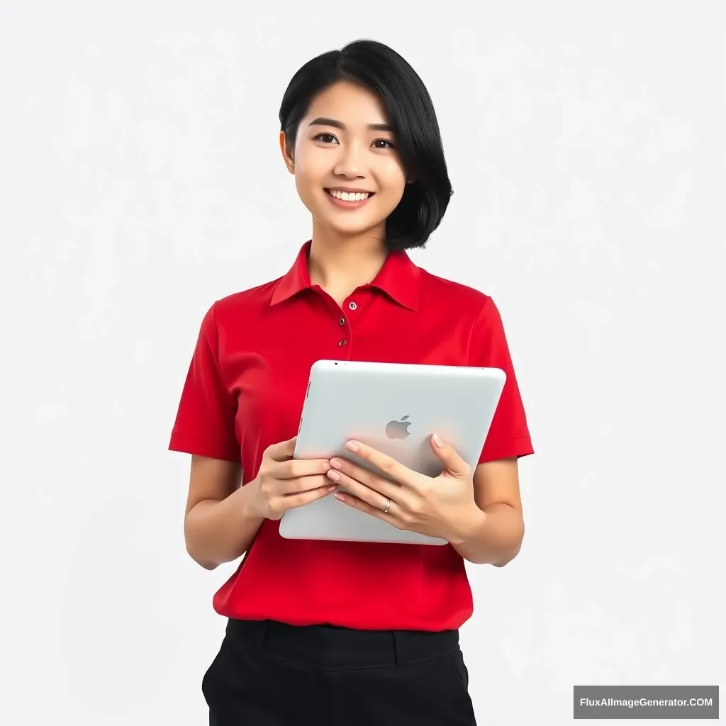 Photo realistic stock photography of a very beautiful Korean woman engineer holding a white iPad, 24 years old, permed short black hair, wearing a half sleeve of royal red polo shirt and black pants, 5 fingers, upper body shot, bright smile, pure white background. Portrait photography 16k, Sony A7M4, no text on shirt, no object in hand, no wrinkles on skin, bright light.