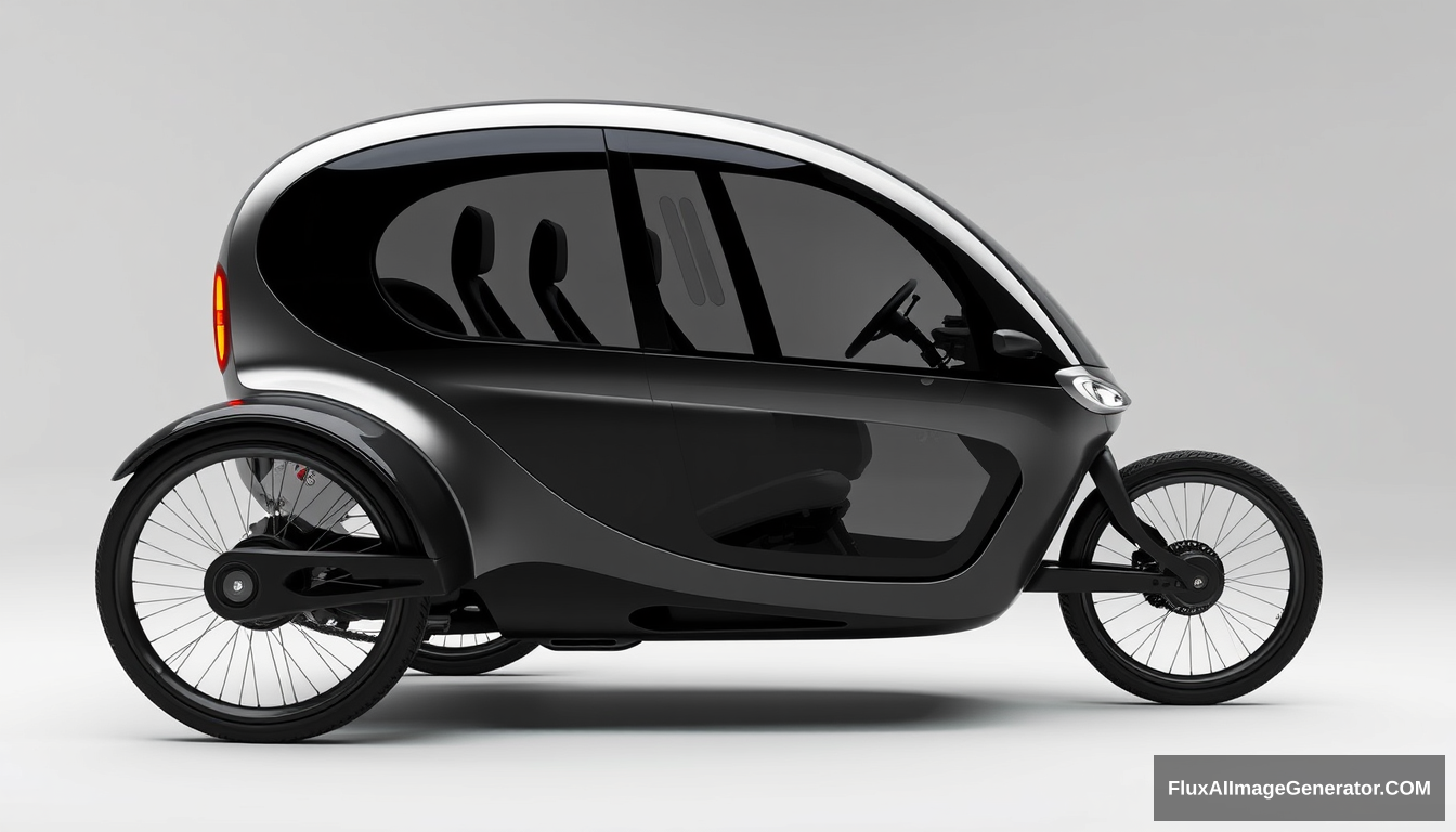 3 wheeled, enclosed, concept car, ((just 2 wheels in front)), ((only 1 in back)), 4k, wide bicycle wheels, very low, sleek, detailed.