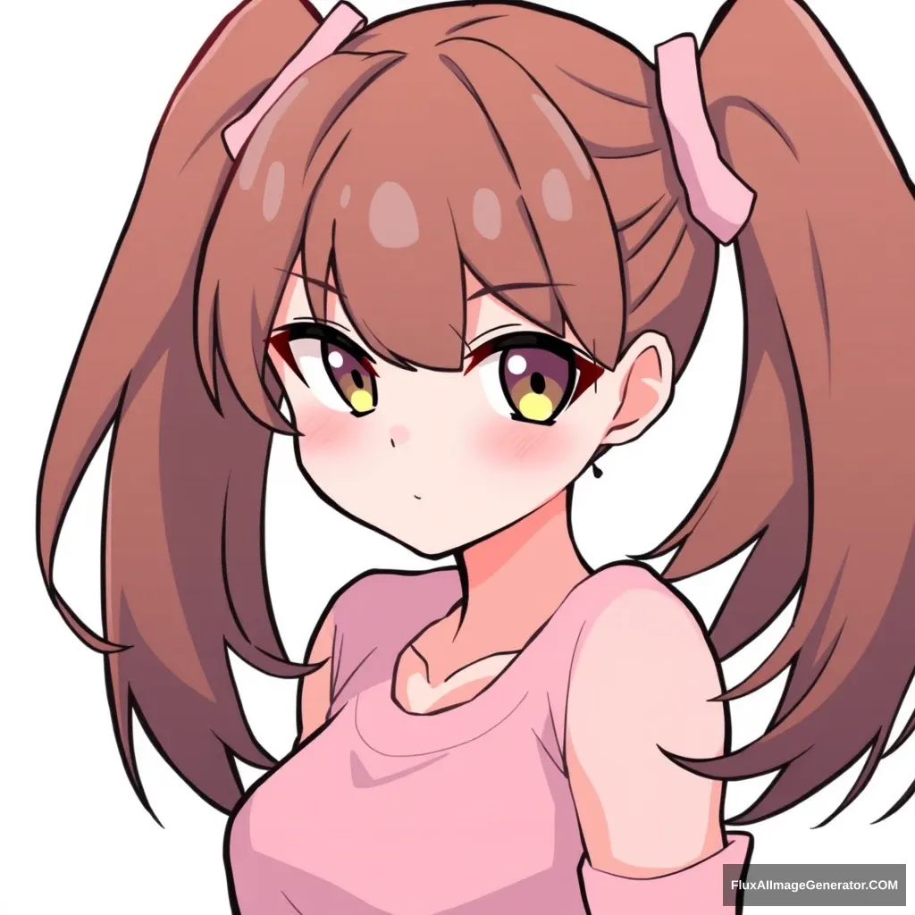 solo,1girl,twintails,brown hair,simple background,white background,pink shirt,short twintails,shirt,show the muscles