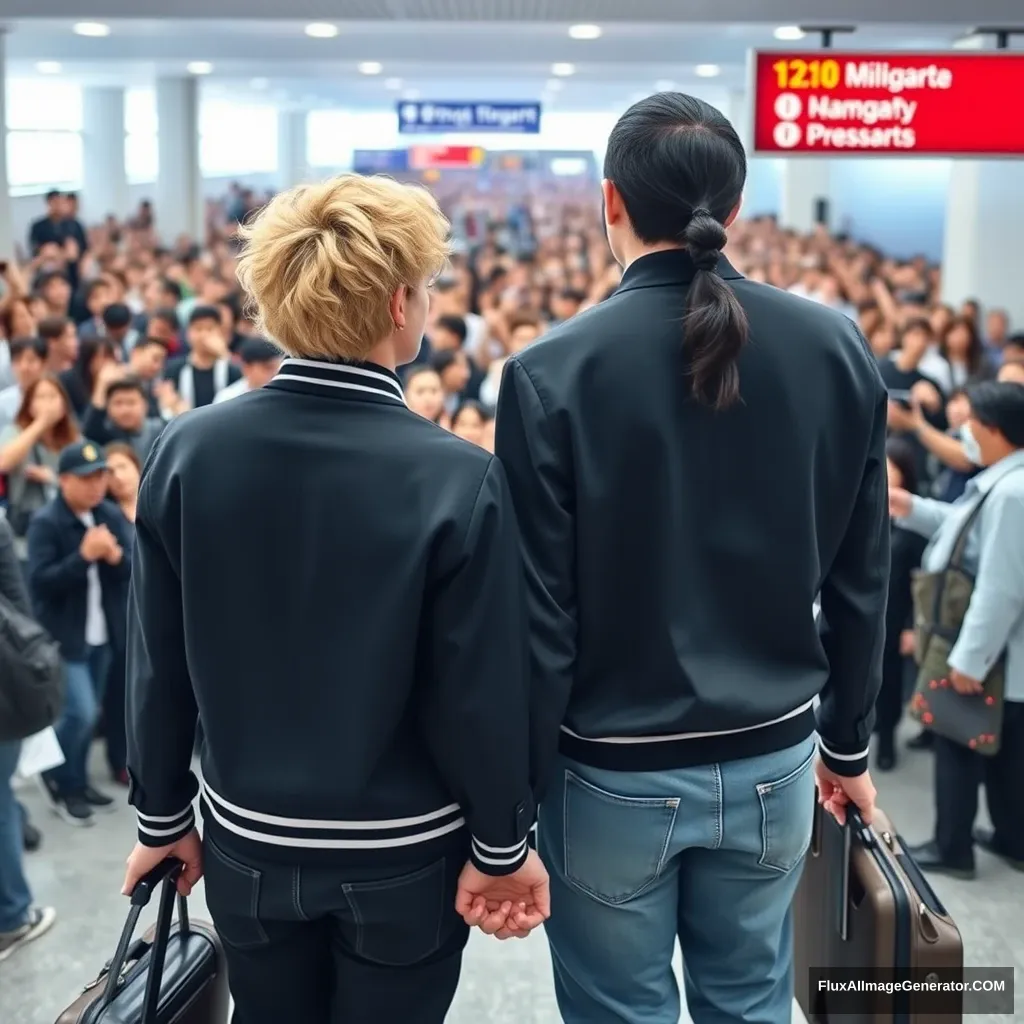 A man with curled, blonde ear-length hair and a man with low pony-tailed ebony hair are holding each other's hands in front of a huge crowd of fans at the airport, showing their backs. Both are dressed in K-pop idol style, and the blonde man is taller.