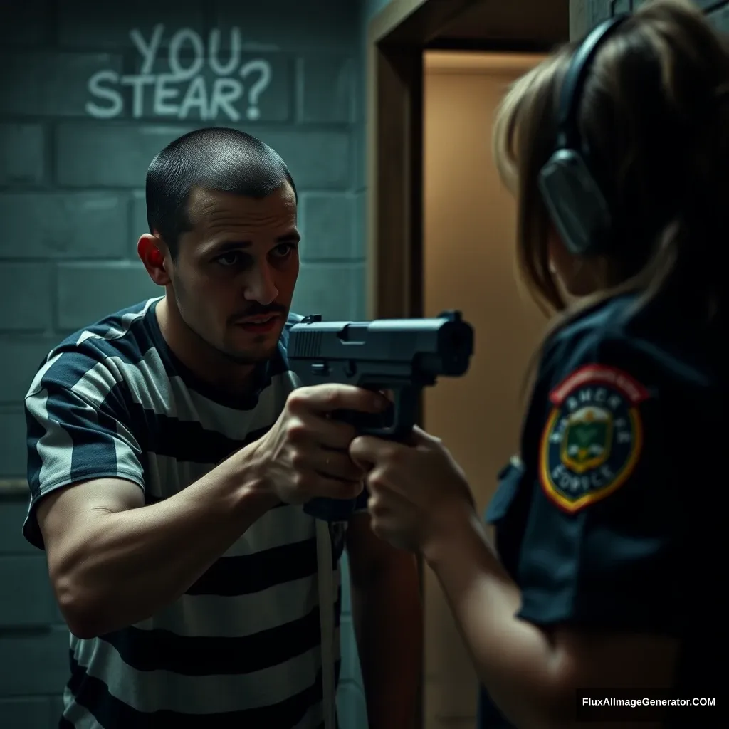 A prisoner threatens a female guard with a homemade soap gun in an escape scene.