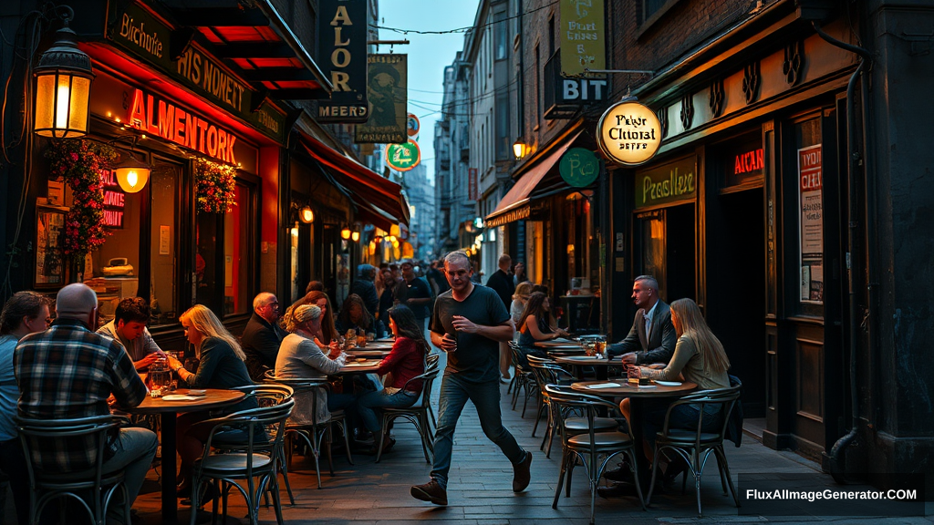 On a lively bar street, there are tables and chairs set up outside, where many young men and women are drinking and chatting. A zombie walks by. - Image