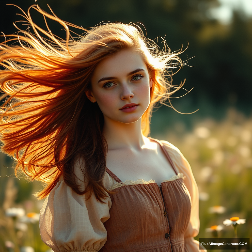 Realistic photography of a young woman with flowing auburn hair, wearing a vintage dress, standing in a sunlit meadow with wildflowers, her face serene but eyes filled with nostalgia, soft natural light, 4K ultra-high definition, warm and golden tones, shot in late afternoon with a slight lens flare, dynamic composition with the wind gently moving her hair, Canon EOS R5, 85mm, f1.4, shallow depth of field, bokeh background.