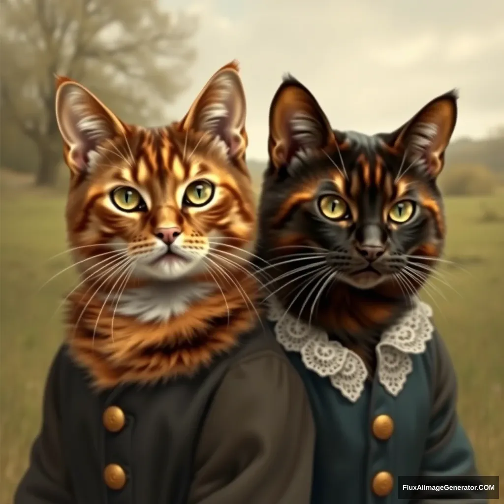 Portrait of two cat sisters, one has a light stripe down her nose, the fur is dark brown with orange and a little white patches. They are wearing Edwardian clothing and the background is pastoral.