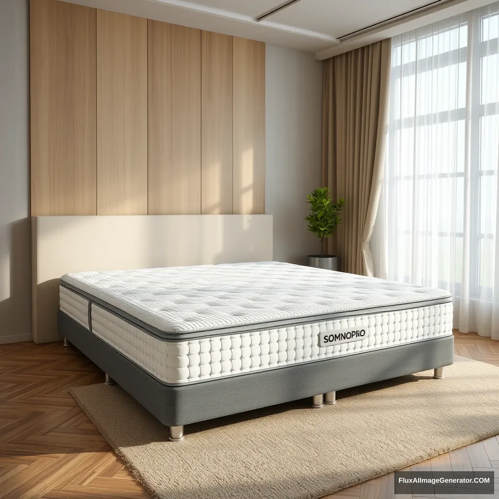 Real rendering, a product image, product type is mattress, indoors, product name is "SOMNOPRO." - Image