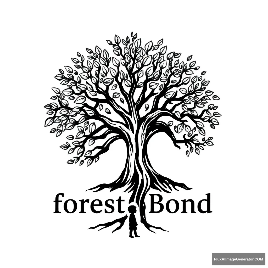 It's a logo for an app called forestbond. It's a tree in the shape of a woman spreading its branches with a lot of leaves. It gives the impression of deep and solid roots. Draw it in a reverent way and write the words Forest Bond underneath it in capital letters. It should have a serious feel to it. Don't overlap the drawing and text. Make it look like a child is under the tree looking up at it. Draw the whole thing in black on a transparent background. - Image