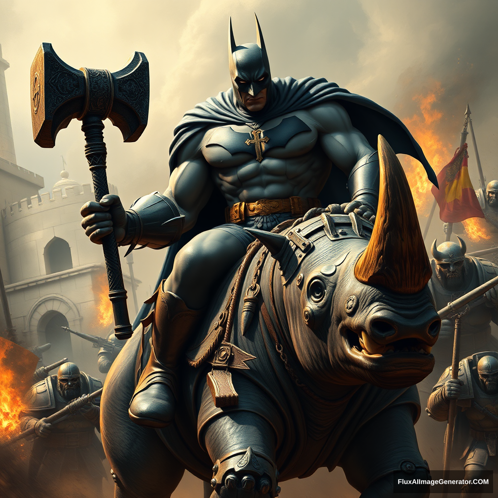 Giant muscular Batman joining the Crusades, with a crucifix on his chest, holding an oversized sledgehammer, riding a muscular rhinoceros into battle surrounded by massive Warhammer 40k Space Marines. - Image