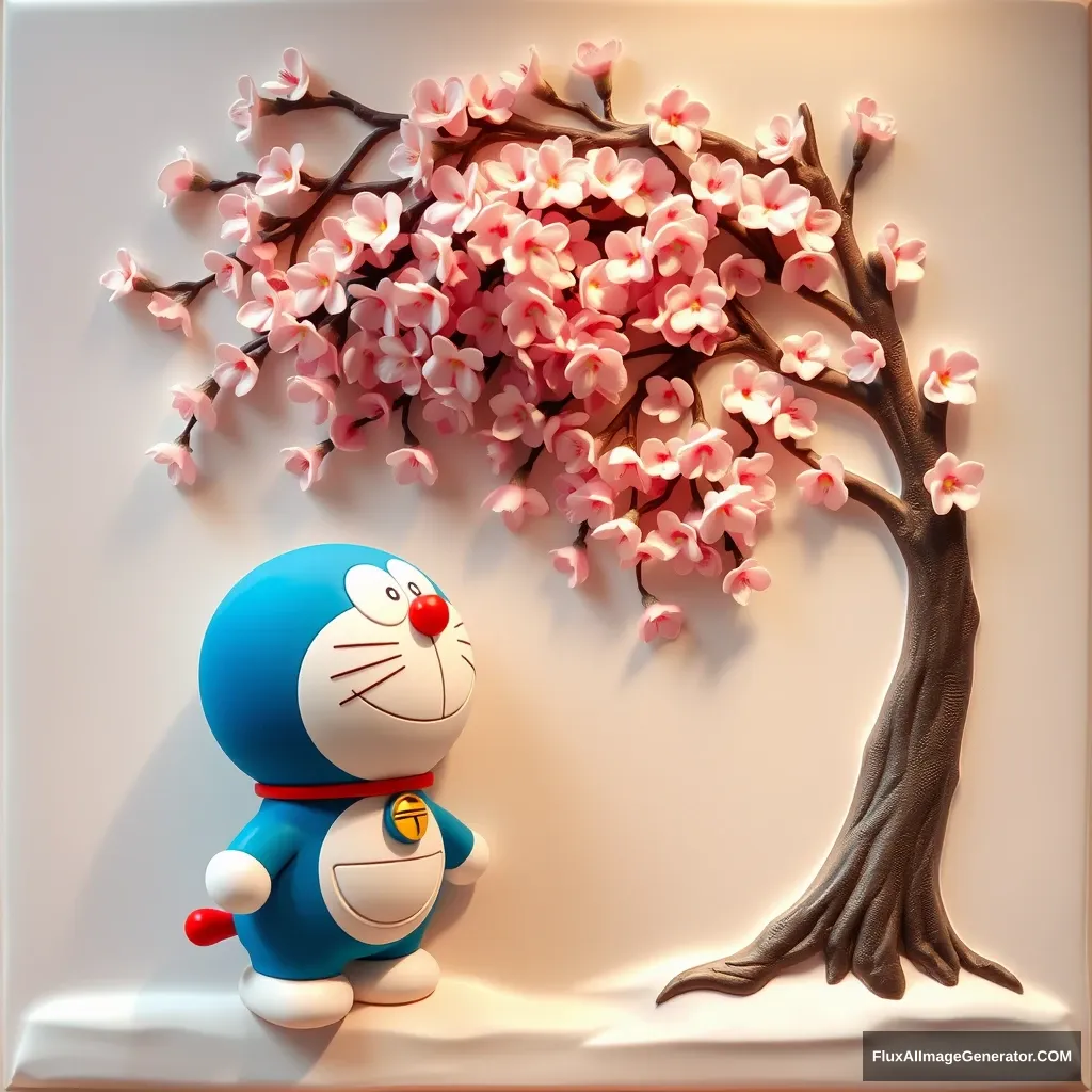 Doraemon, the beloved blue robot cat, stands patiently under the delicate, pink-petaled cherry blossom tree, awaiting the arrival of his young friend. The scene is captured in a bas-relief style, with the figures and flora subtly raised from the background, creating a sense of depth and dimension. Doraemon's round form and gentle expression convey a sense of quiet anticipation, while the cascading blossoms lend an air of tranquility and beauty to the serene tableau. - Image