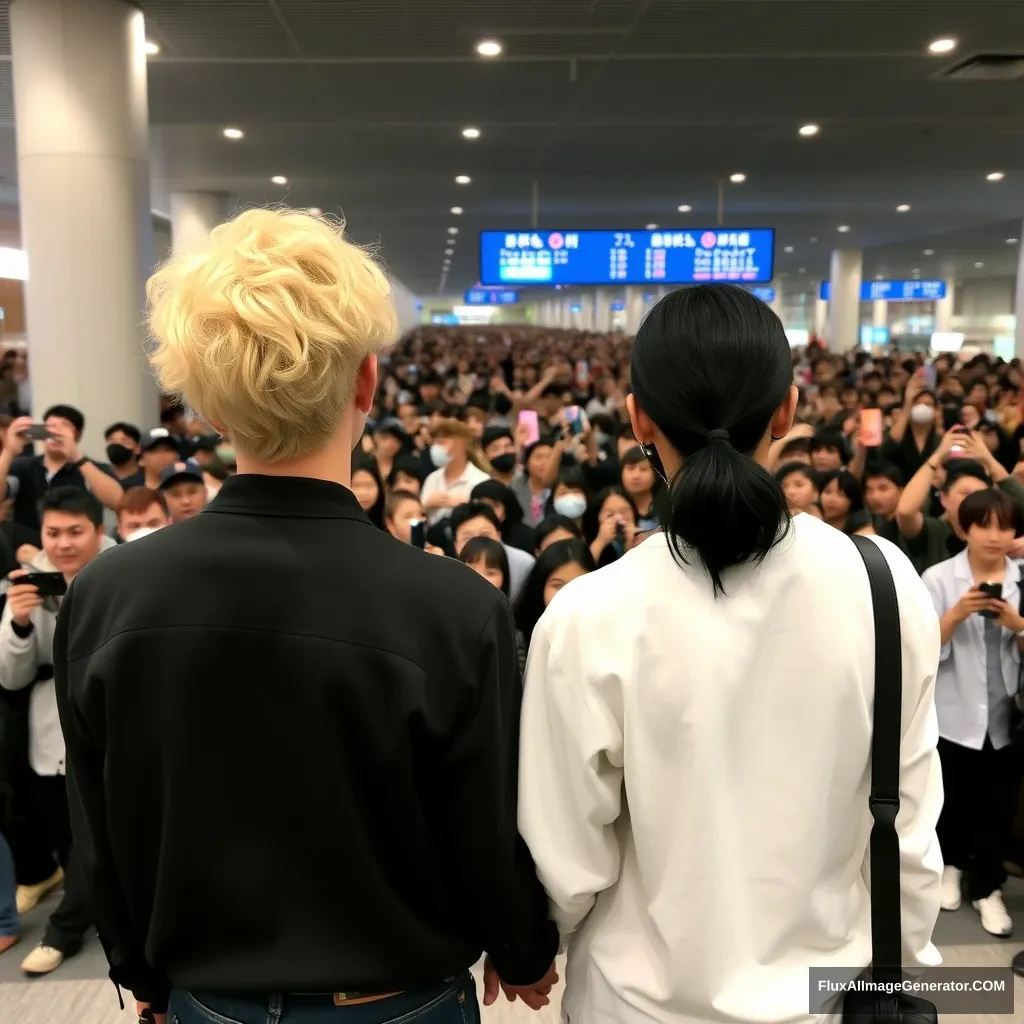 A man with curled, blonde ear-length hair and a man with low pony-tailed ebony hair are holding each other's hands in front of a huge crowd of fans at the airport, showing their backs. Both are styled like K-pop idols, and the blonde man is taller.