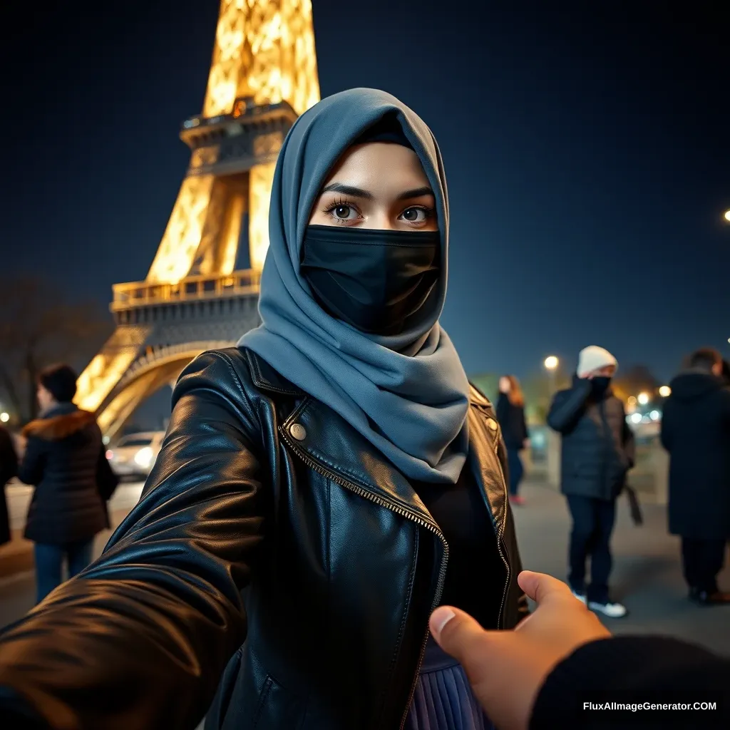 Biggest grey hijab Muslim girl, beautiful eyes, black face mask, leather jacket, biggest longest skirt, standing near the Eiffel Tower, night scenery, strangers in the background, hyper-realistic, photorealistic, street photography, holding someone's hand from the opposite side, selfie. - Image