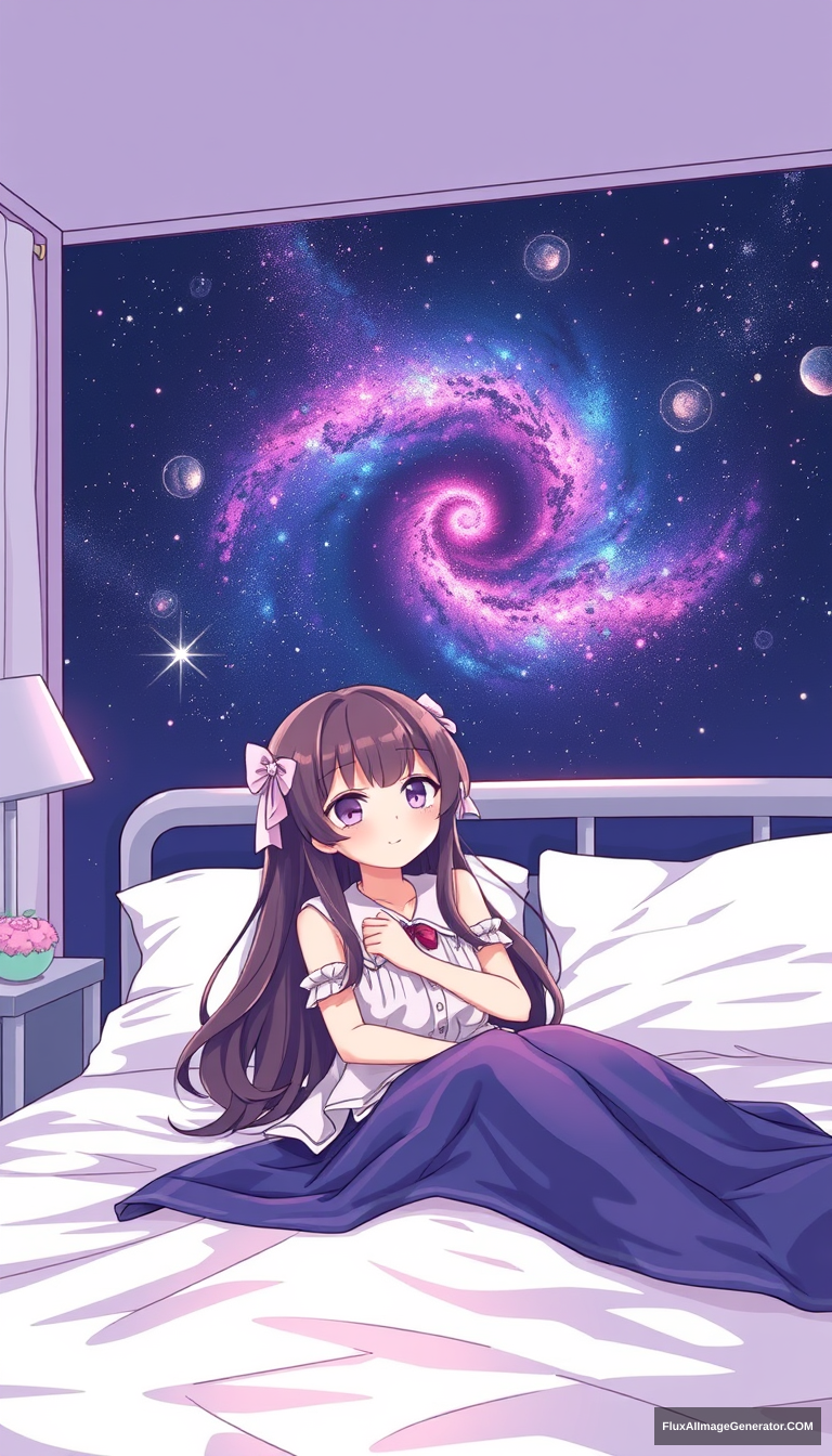 Galaxy anime girl. Cute. Random style. On bed.