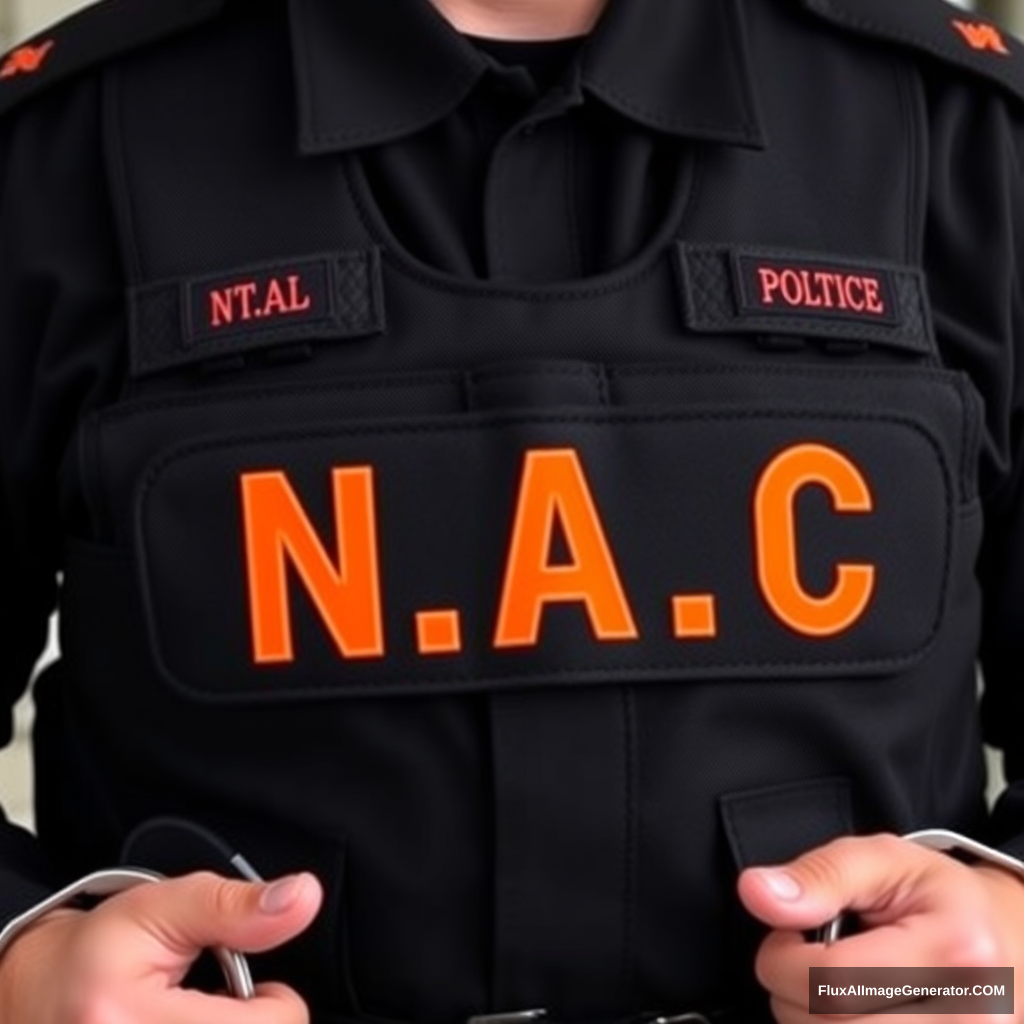 A soldier in a black uniform with a black and orange N.A.C. inscription on his vest, with handcuffs on his hands.