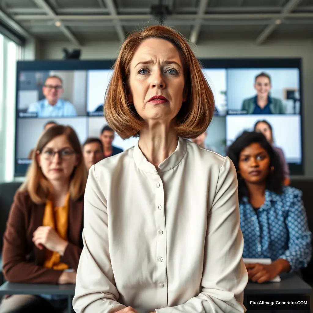 Microsoft online teams meeting for "Atos" presented by a white woman with brown bobbed hair, in her fifties. People online look bored and upset.