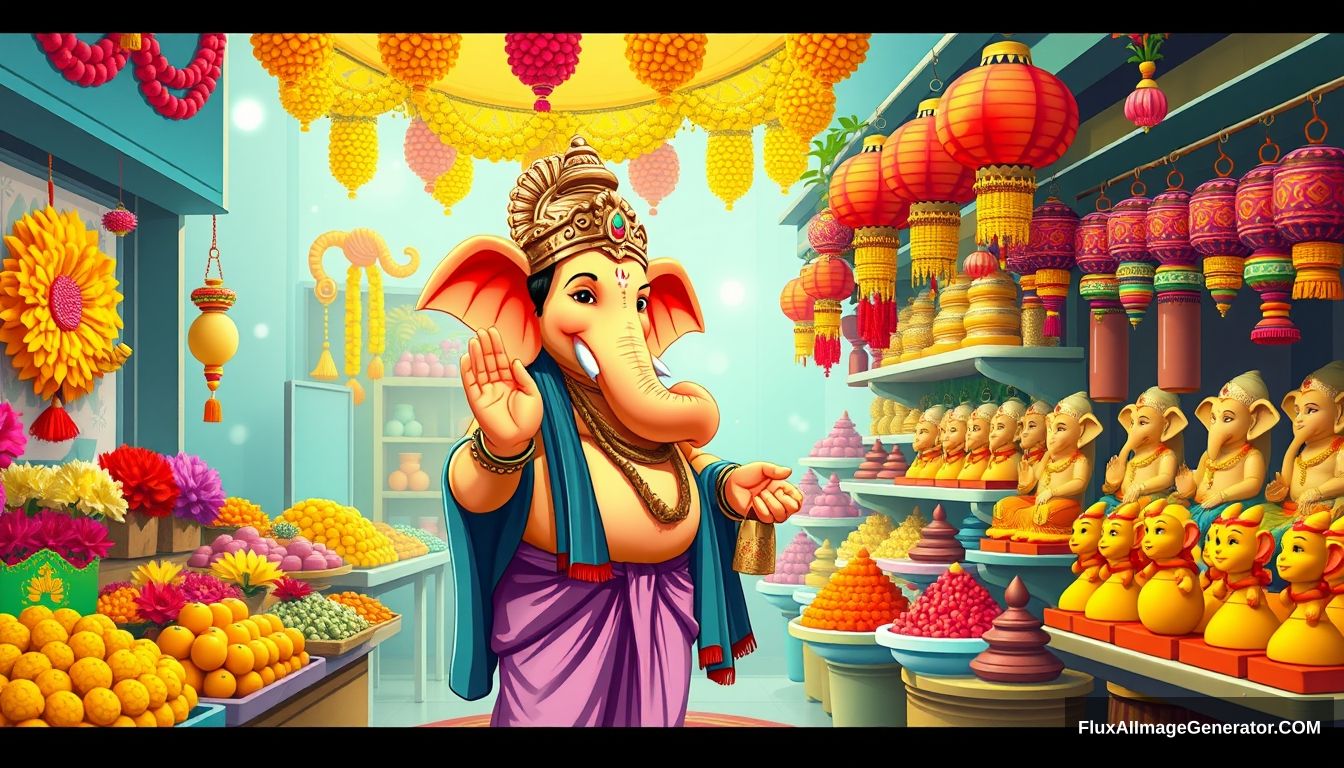 Imagine Lord Ganesha as a real human-like god, casually shopping for his own festival in a vibrant, modern marketplace. He should be depicted with a friendly and approachable demeanor, wearing traditional yet contemporary clothing. Show him browsing stalls filled with colorful decorations, fresh flowers, sweets, and clay idols of himself. Include playful details like Ganesha checking out the latest modak flavors, picking out vibrant rangoli powders, and chatting with vendors. The scene should blend the divine with the everyday, creating a warm, joyful atmosphere that celebrates the spirit of the festival in a relatable and light-hearted way. - Image