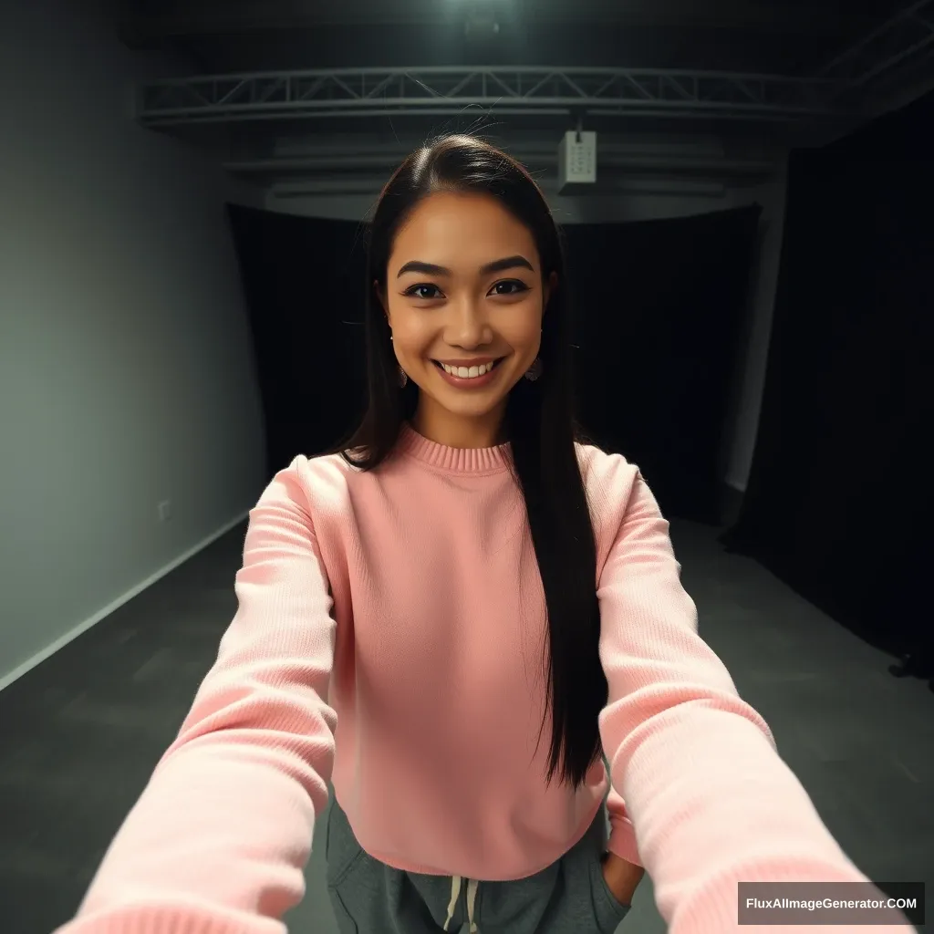 30-year-old brunette woman in an empty photography studio. Straight slicked-back long black hair. Nighttime. Dark. Wearing a long cute pink sweater, grey baggy pants. Smiling. Style in the form of a selfie from the front face camera. POV.