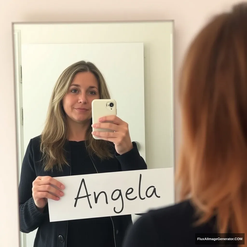 A mirror selfie of a white woman (39 years old) holding a sign with her name "Angela". - Image