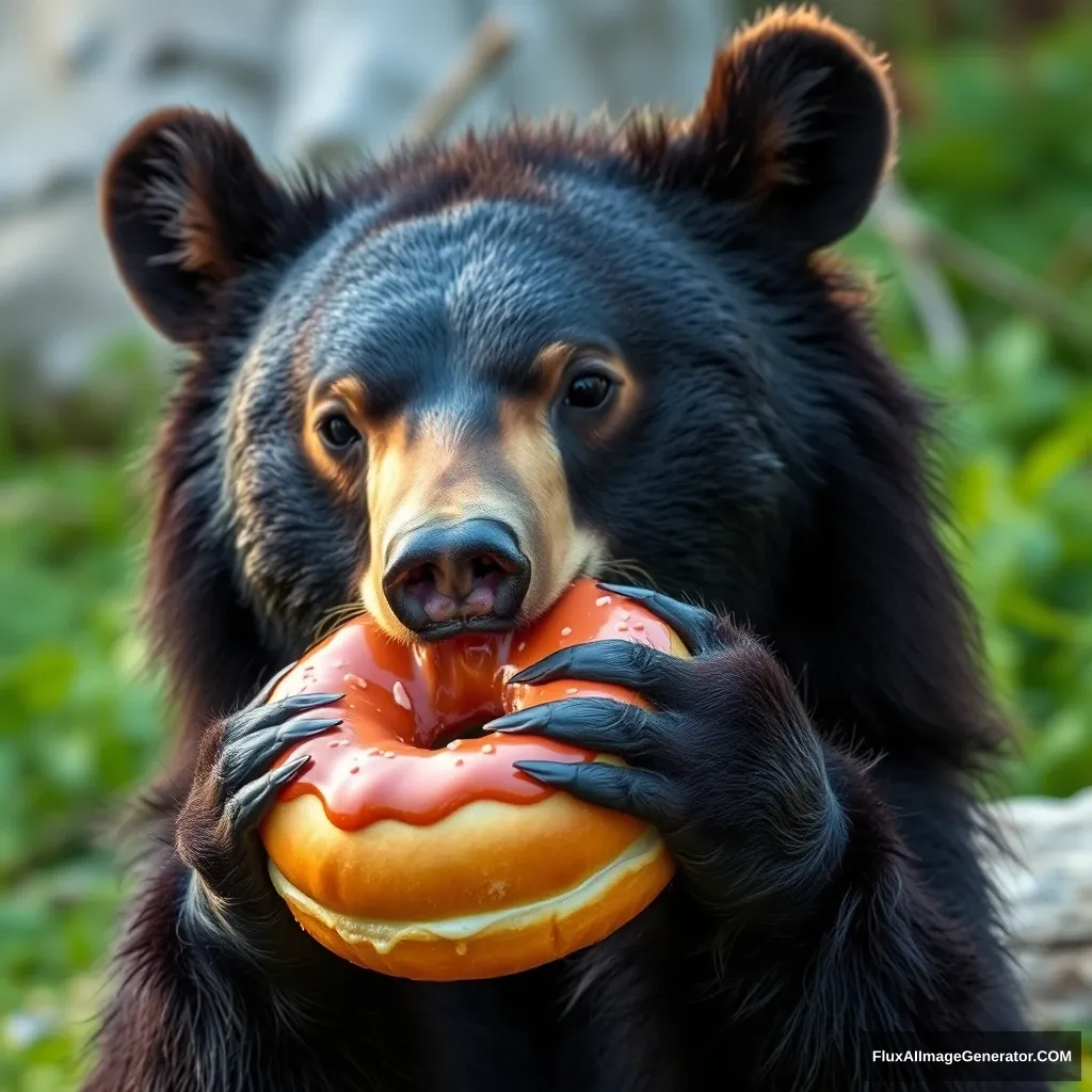 Black bear eating donut, real picture