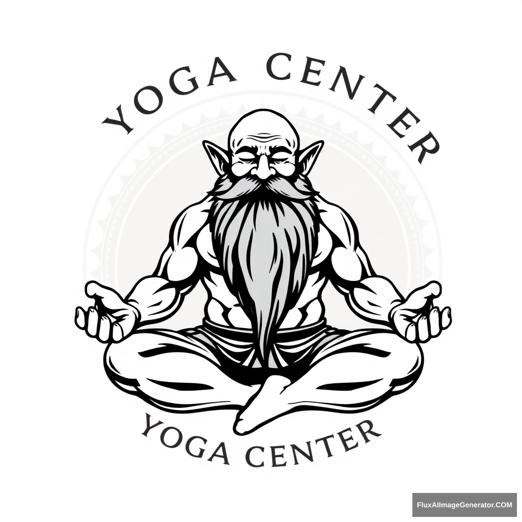 Yoga Center logo: a muscular large bald dwarf in the lotus position with a long beard flirting. - Image