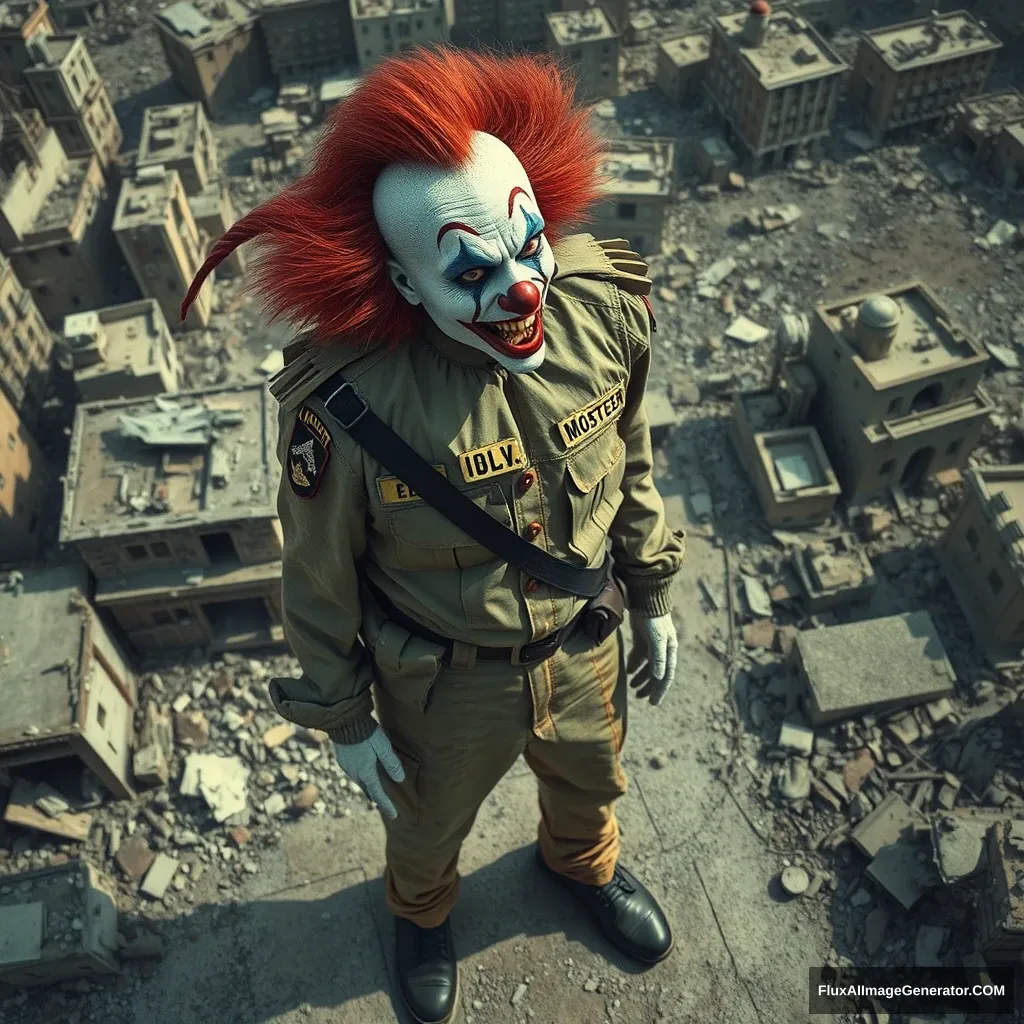 A very tragic gigantic desperate clown in an IDF uniform standing in the middle of a city in ruins. Bird's eye perspective from some distance. Hyperreal.