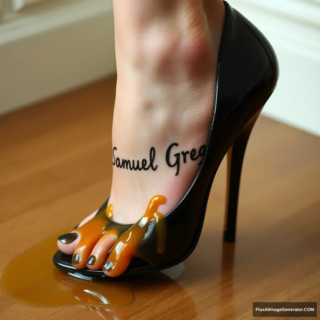 The name "Samuel Greg" on a woman's foot in a black high heel. There is oil all over the foot. - Image