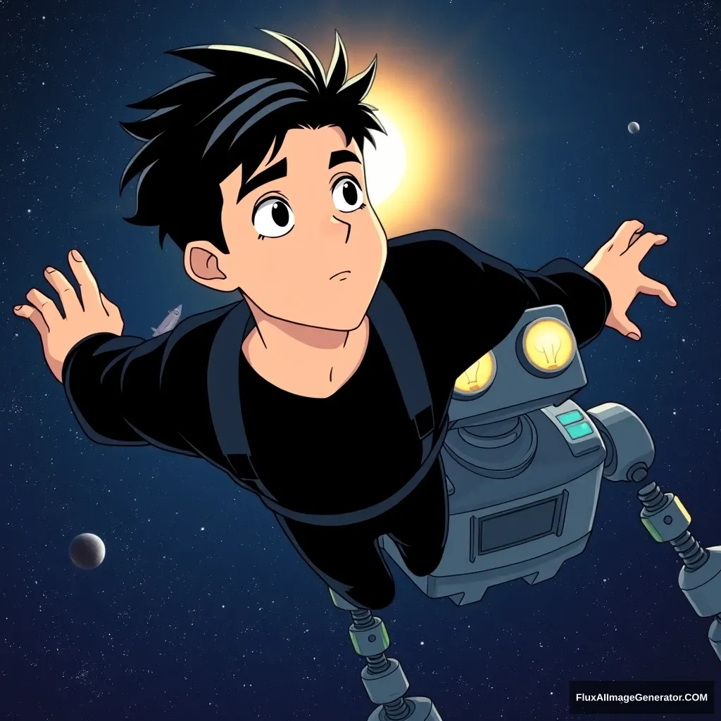 A dark-haired young man wearing all black, with the sun shining on his pale face as he floats through outer space, drifting behind a damaged robot with two light bulbs for eyes that are about to go out. It's a cartoon from the 80s, presented in a wide far-away shot.